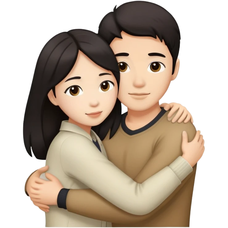 Two white asian couple with dark hair hugging emoji