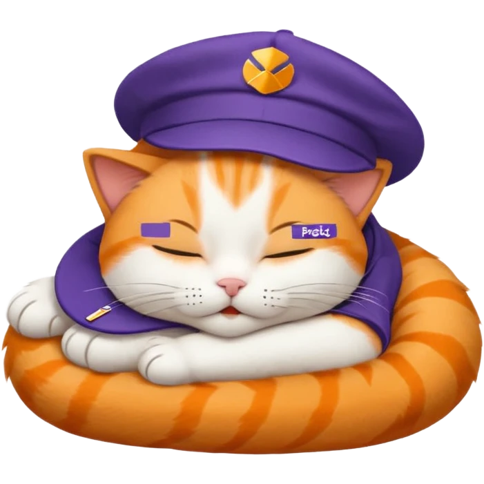 emoji of sleeping cat, its pose is lying, it has on his head FedEx uniform cap emoji