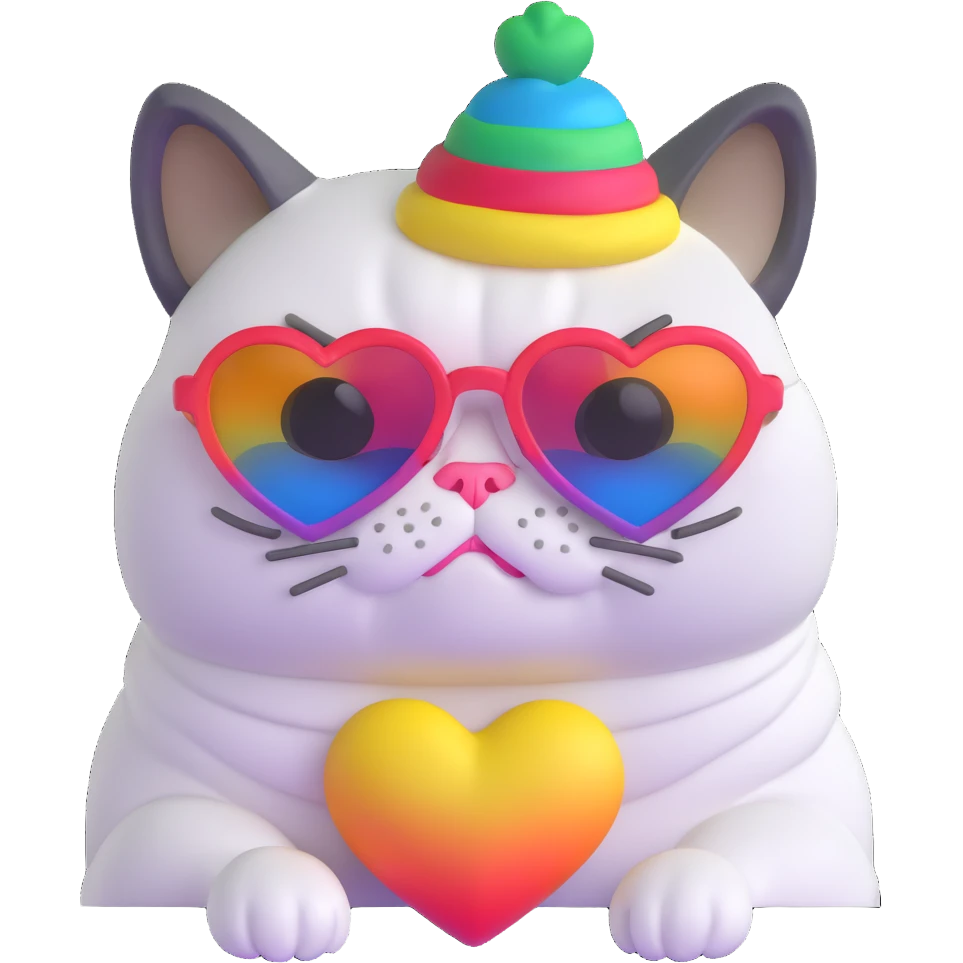 grumpy cat wearing a rainbow beanie and heart-shaped sunglasses emoji