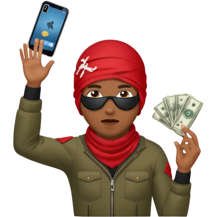 Brown skin Robber with ski mask and ar-15 in red bandana outfit throwing money in the air emoji
