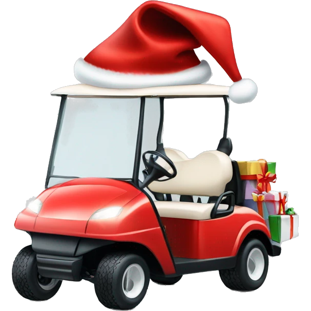 White golf cart with Santa hat, presents and lights on tip emoji