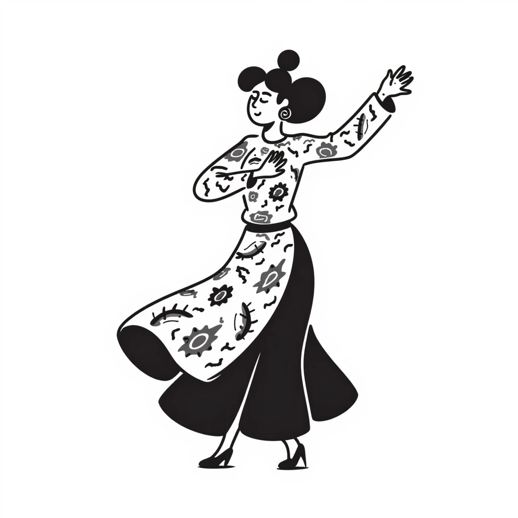 Dancing woman in Colombian salsa pose, vibrant dress, dynamic movement emoji