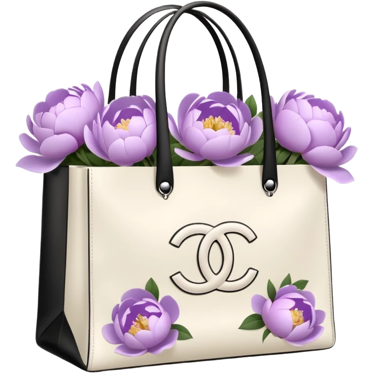 Realistic white chanel shopping bag with lilac peonies in it emoji