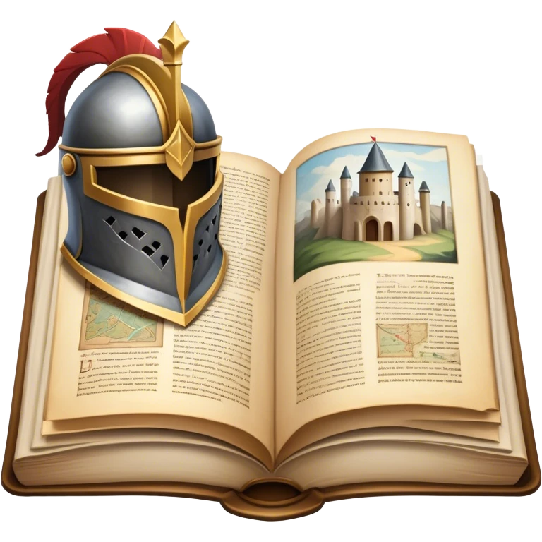 Icon for Historical Fiction Reading: an open book with pages showing ancient scrolls, a quill, a large knight's helmet, bowl and a parchment map. The icon should evoke the adventure and grandeur of historical settings and storytelling. Transparent background. emoji