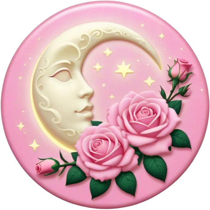 A round pink button with a light cream full damask moon and pink roses in the center emoji