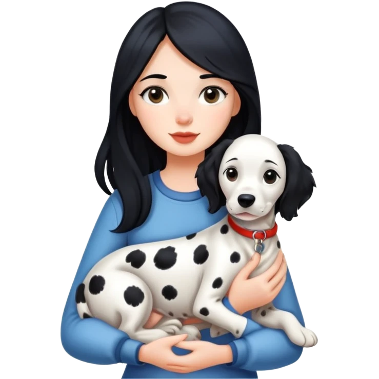 A girl with long black hair is holding a Dalmatian emoji