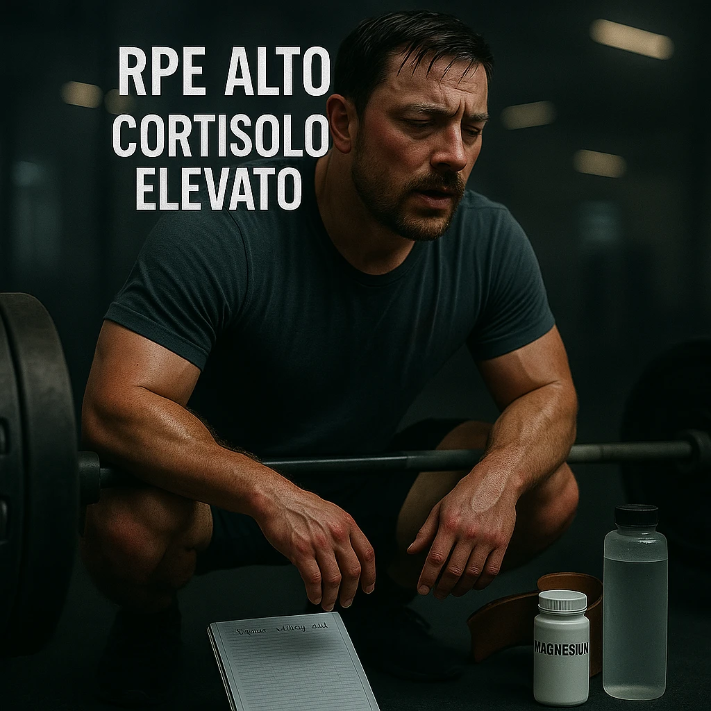 Replace the floating icons above the head with clear and readable Italian text: 'RPE alto' and 'Cortisolo elevato', maintaining the cinematic style and original color palette of the image. emoji