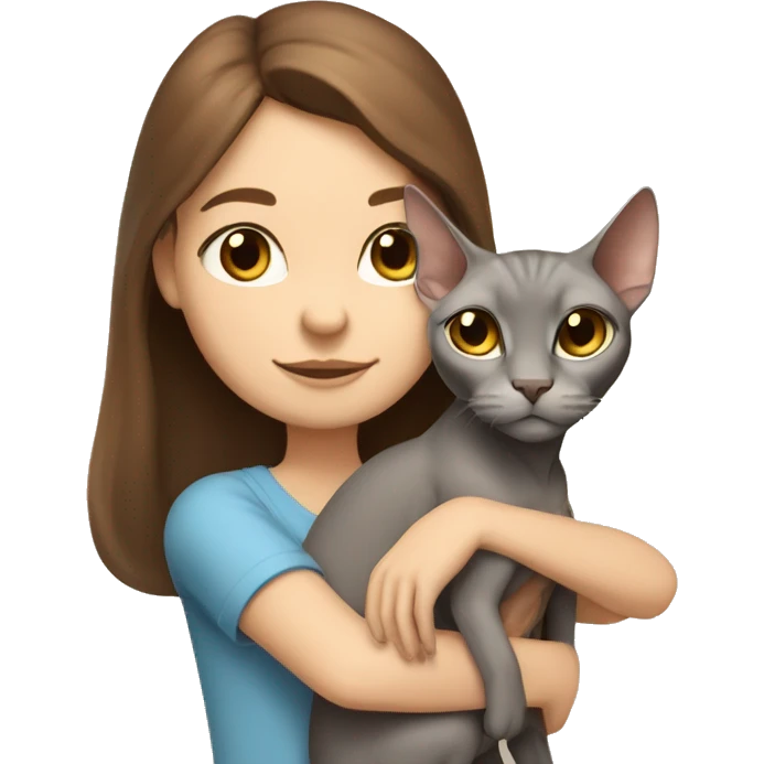 A girl with brown hair hugs a sphinx cat of light gray color with a white nose emoji