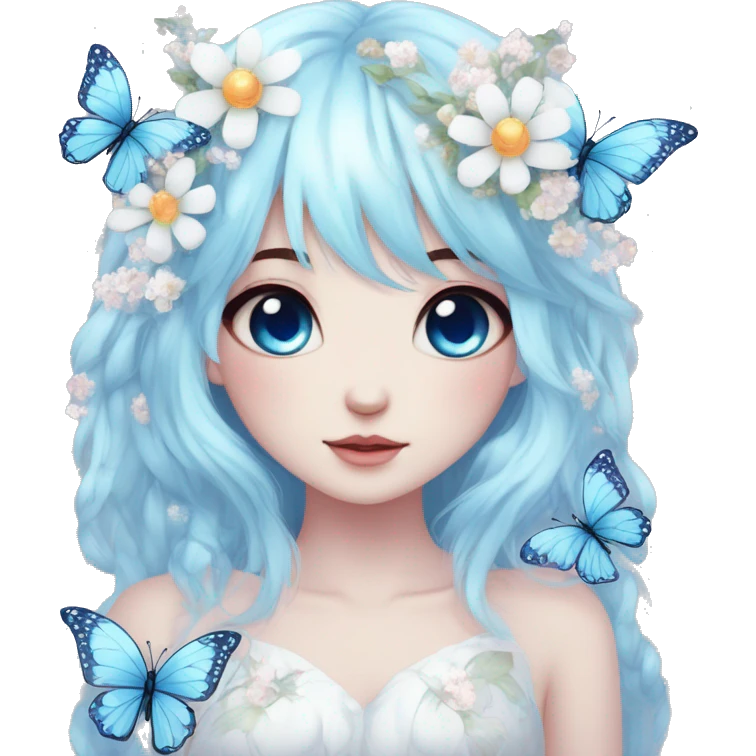 Edgy Cute Cool Kawaii gorgeous sparkly ethereal white fantasy animal with blue eyes sona with flowers and butterflies beautiful aesthetic emoji