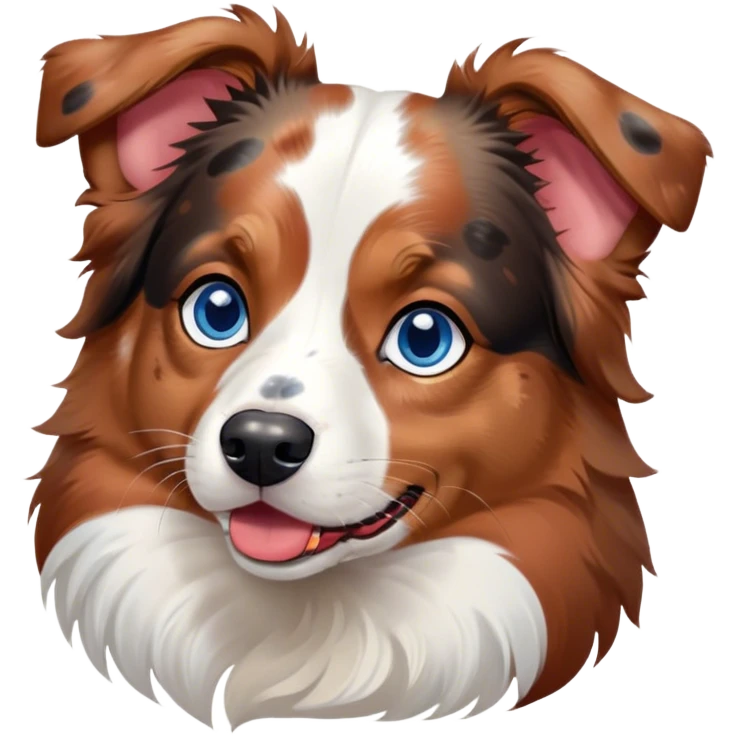 Cinematic Cute Calico Australian Shepherd Portrait Emoji, Head tilted playfully and inquisitively, predominantly white coat with patches of black, tan, and red calico merle markings, round, sparkling blue eyes filled with curiosity, Simplified yet irresistibly adorable features, highly detailed, glowing with a warm, friendly glow, high shine, affectionate and lively, stylized with a touch of whimsy, bright and endearing, soft glowing outline, capturing the essence of a mischievous yet loving pup, so playful it feels like it could bound out of the screen and into your arms! emoji