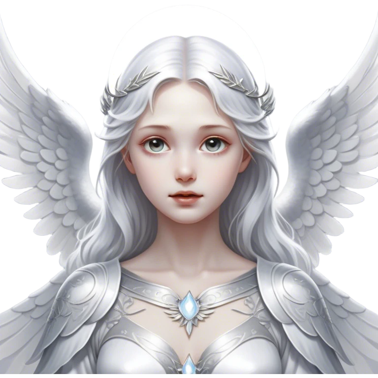 Cinematic Angel, Ultra realistic 32k HD, Breathtaking piece of art, rim lighting, hauntingly beautiful art, mostly greyscale, Balanced features, highly detailed digital artwork, glowing with silver light, glowing, high shine, deviant adoptable, highly detailed clothing, remembrance, a painting of white silver, fanciful, enchanting, ghostly, embodying the essence of both reality and fantasy, dreamy, dreamy glow, optical illusion, immaculate composition, complex pose, air composition. The image is so lifelike that it feels as though it could leap off the canvas at any moment emoji