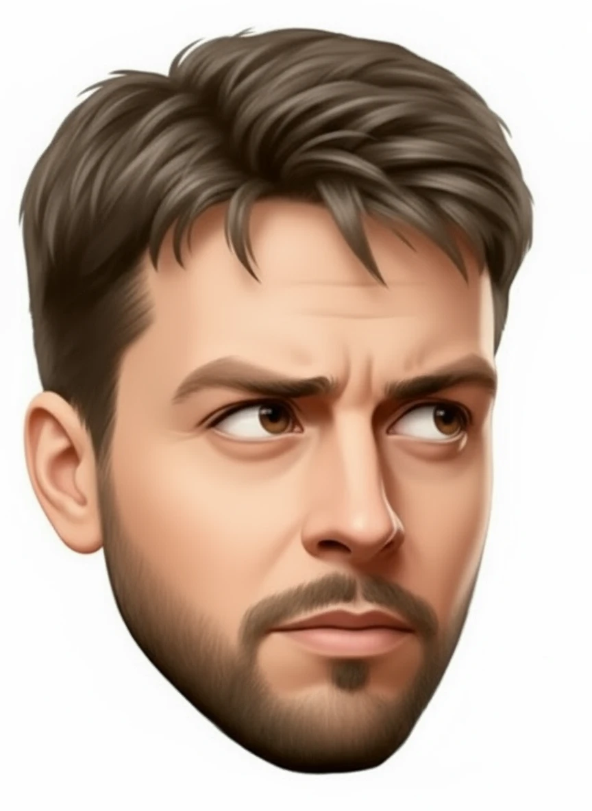 нарисуй точно такого же человека, с такой же эмоцией, но голова повернута в противоположную сторону, на право относительно зрителя,, пробор на голове как в оригинале, без фона emoji