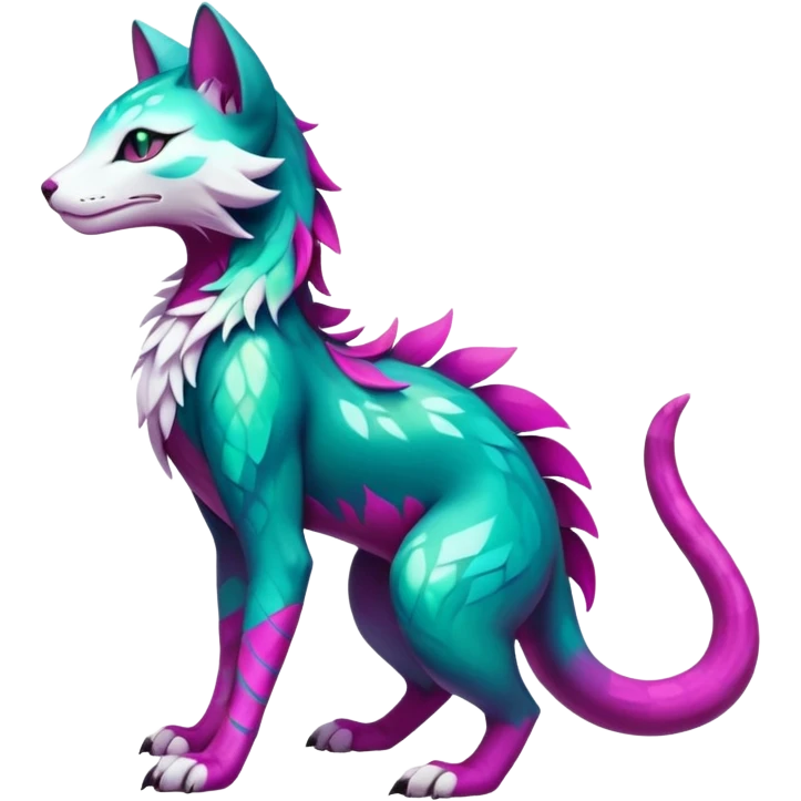 Kawaii colorful iridescent dark-turquoise-green and magenta and white beautiful pretty elegant divine edgy feline-vernid-sergal-Fakémon-Pokémon-fursona-animal-creature with accessories, full body, with intricate detailed markings emoji