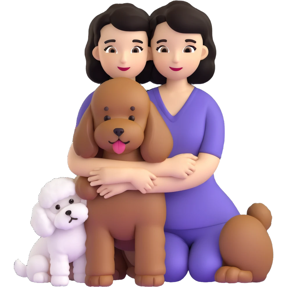 Woman with short black straight hair hugging a brown poodle and a white bichon frise emoji
