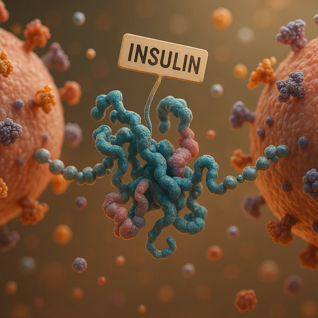insulin stylized as a messenger between cells, hyper realistic 4K style, molecular details, educational atmosphere emoji