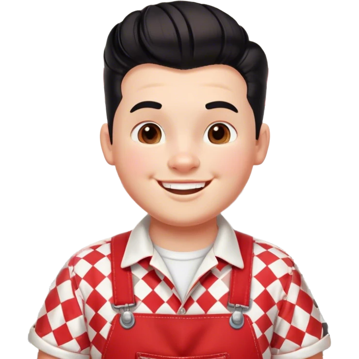 A cheerful, chubby boy with a retro 1950s diner aesthetic, wearing red-and-white checkered overalls and a white t-shirt. He has a playful, confident smile and a classic black pompadour hairstyle emoji