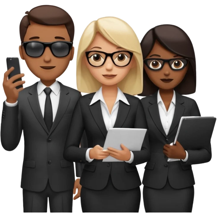 Команда в деловых костюмах из трёх человек. на переднем палне Мужчина впереди общается по смартфону, дальше женщина слева стоит с ноубуком, мужчина справа держит бумаги. У всех людей разные, но позитивные эмоции. Все троя в солнцезащитных очках emoji