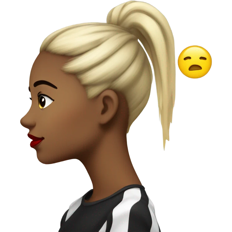 side profile of a yellow emoji with red lips and a black and white ponytail with black hyperpigmentation on her cheek  emoji