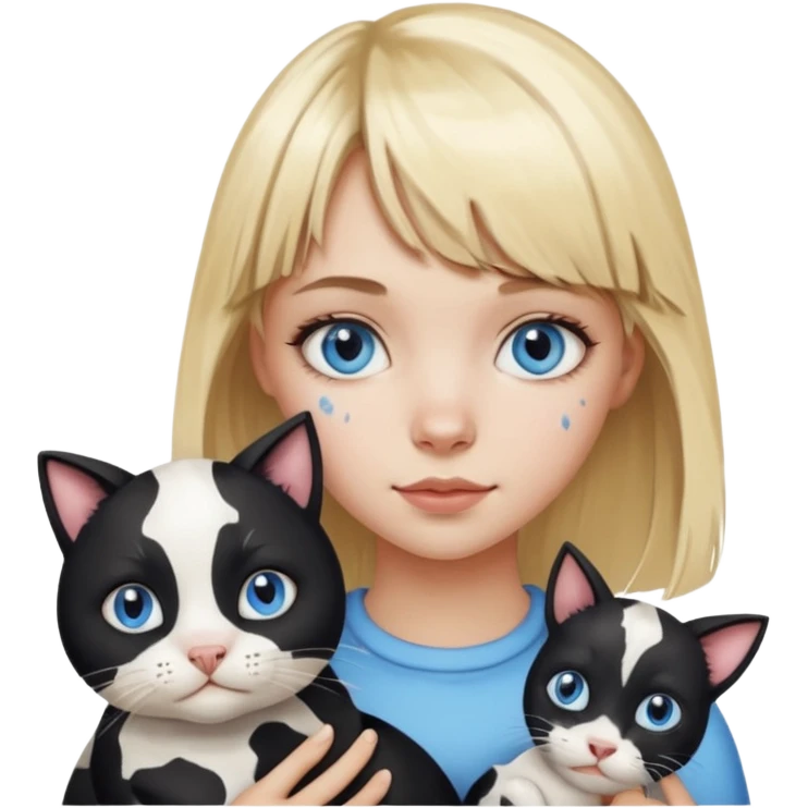 Cute cat black and white stain like a cow in the arms of a blond girl with bangs and blue eyes emoji