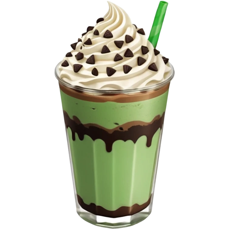 Vaso de vidrio con Frappé color café, crema en la parte superior con popote verde insertado en la crema, agregar encima de la crema chispas de chocolate. Colocar arriba de la crema insertada una galleta tipo oreo. emoji