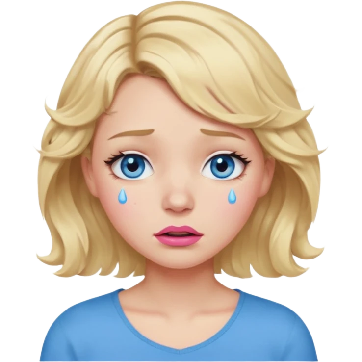 Girl Blonde short wavy hair,  blue eyes, cute blue top, long lashes, pink lips,crying with big tears running down the face  emoji