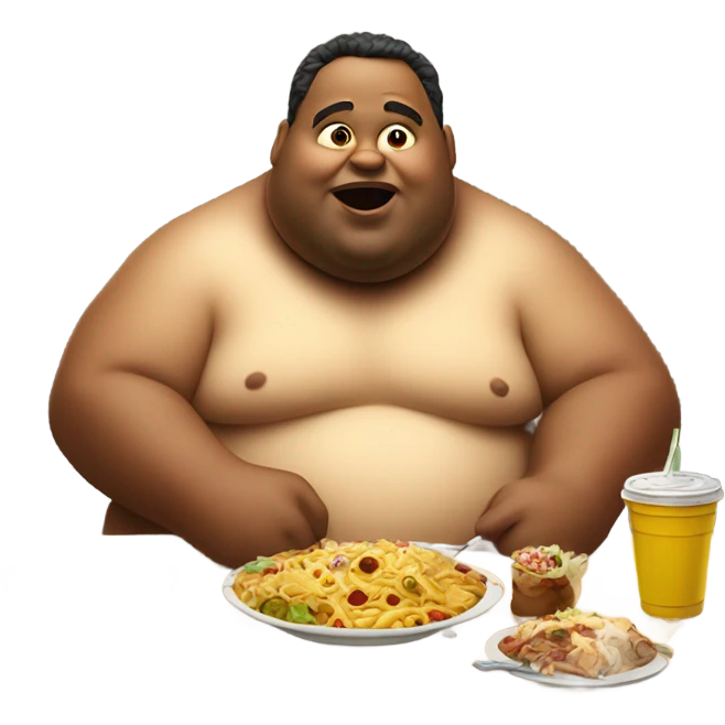 Fat man eating lots of food sitting at a table emoji