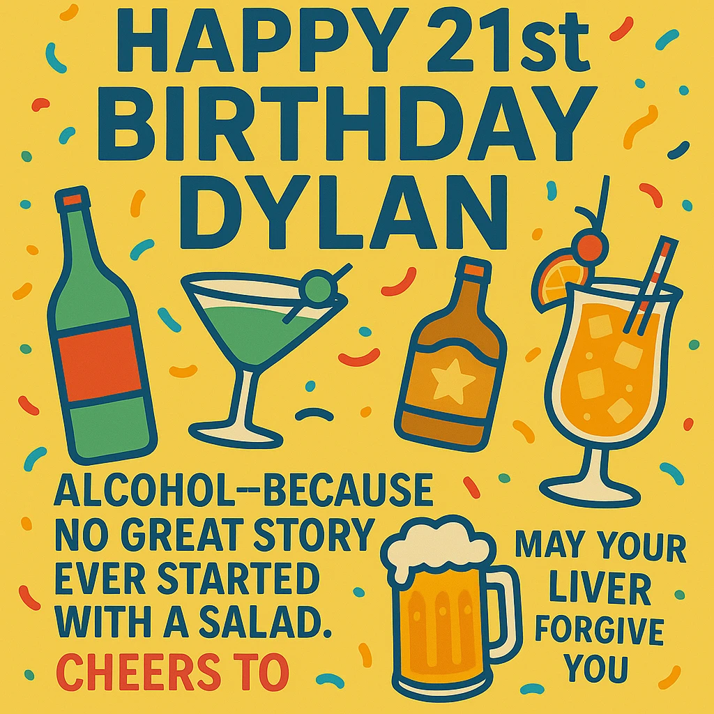 Add the funny drink quote: 'Alcohol—because no great story ever started with a salad.' Keep all original graphics and style. emoji
