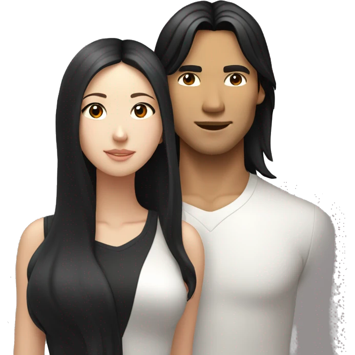 Asian man with long black hair kissing white girl with brunette shoulder length hair  emoji