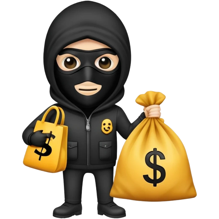 a burglar emoji holding a bag with a dollar sign on it, with a black mask emoji