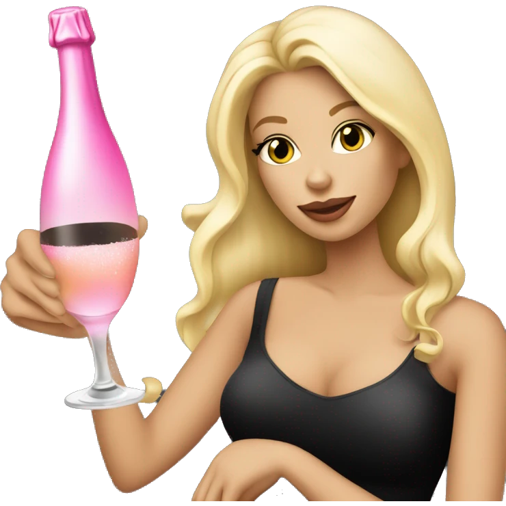 Pretty blonde lady with flowing hair drinking pink champagne and black t-shirt no cleavage emoji
