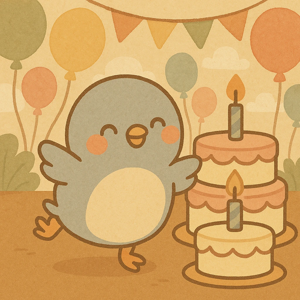 Change the background to a party venue with pastel-tone balloons and party decorations. Keep the baby pigeon dancing in front of the cake as is. The style should be round, cute, and soft. emoji