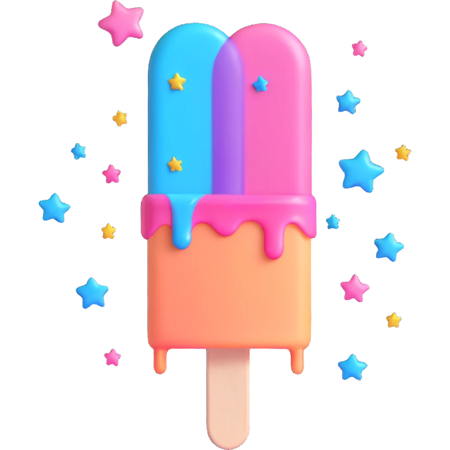 A 3D iOS style emoji of a melting popsicle with a pink and blue color scheme, surrounded by stars and sparkles. emoji