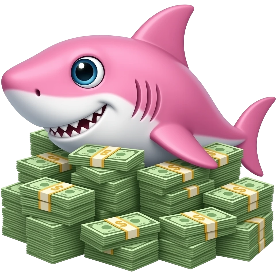 mean pink shark with a stack of money emoji