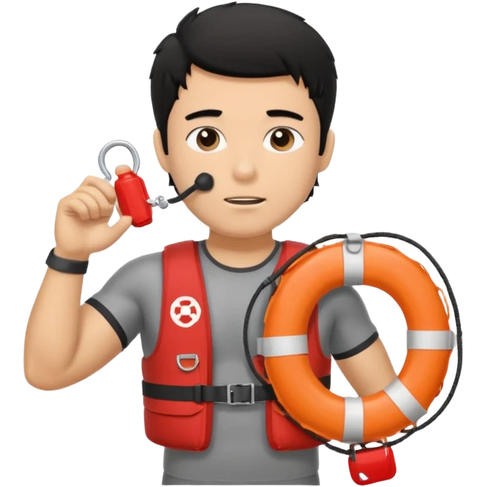 Dark Tan Muscular lifeguard with messy black hair with whistle hand, life preserver emoji