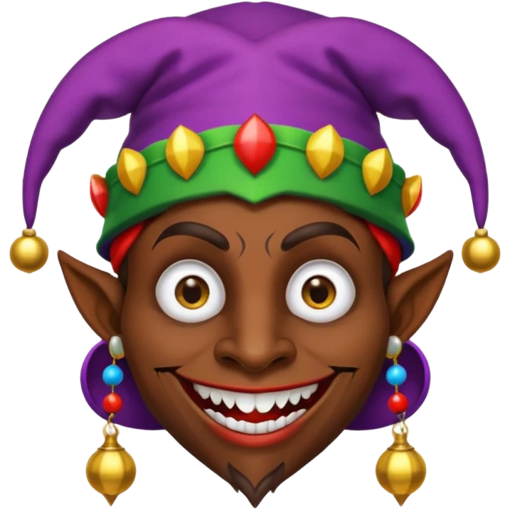Dark brown skin medieval jester with white pupils and fangs emoji
