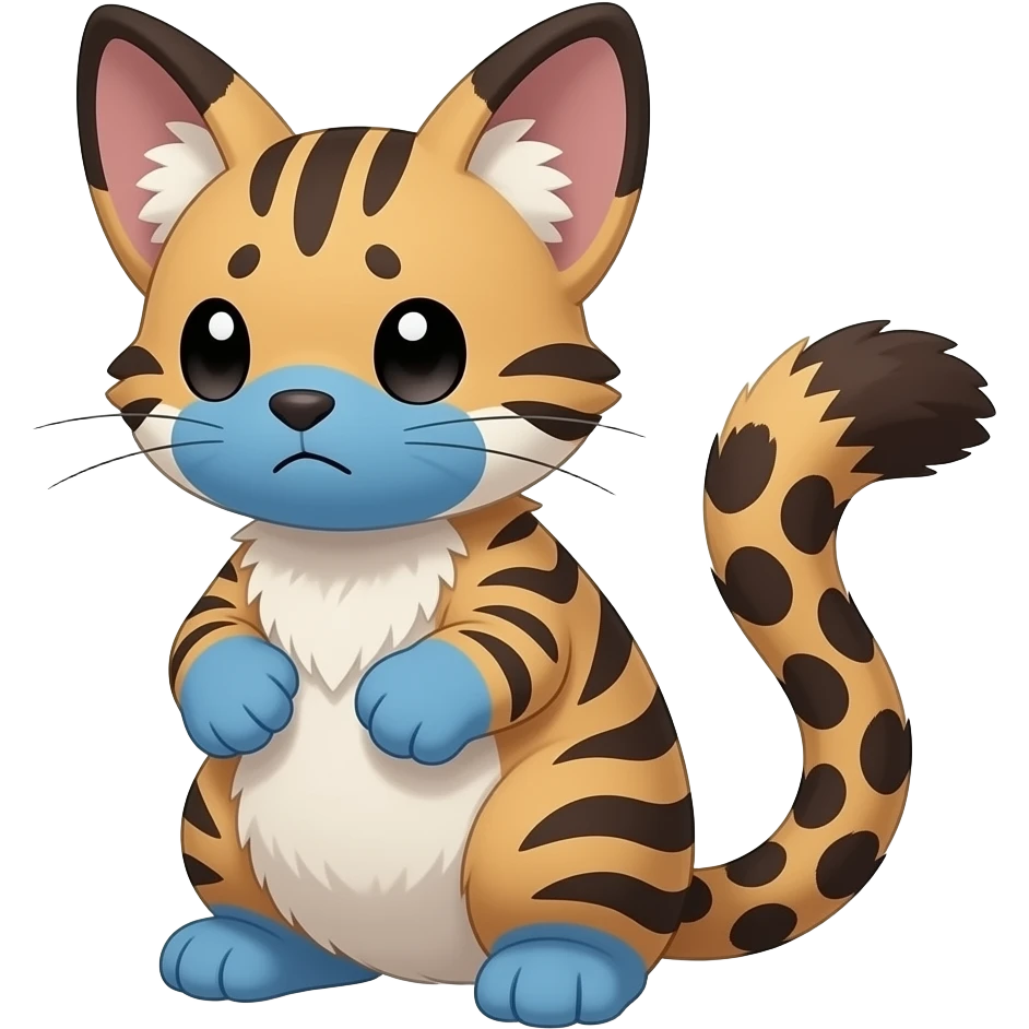 realistic sad precious cute young vertical-dark-brown-striped-and-vertical-white-striped Fakémon-Pokémon-feline-Zeraora-vernid-serval-caracal-chinchilla-Cinccino-rodent-hybrid-creature (full body) with cobalt-blue muzzle, cobalt-blue puffy fluffy paws, tufted spotted lynx-ears, spotted leopard tail emoji
