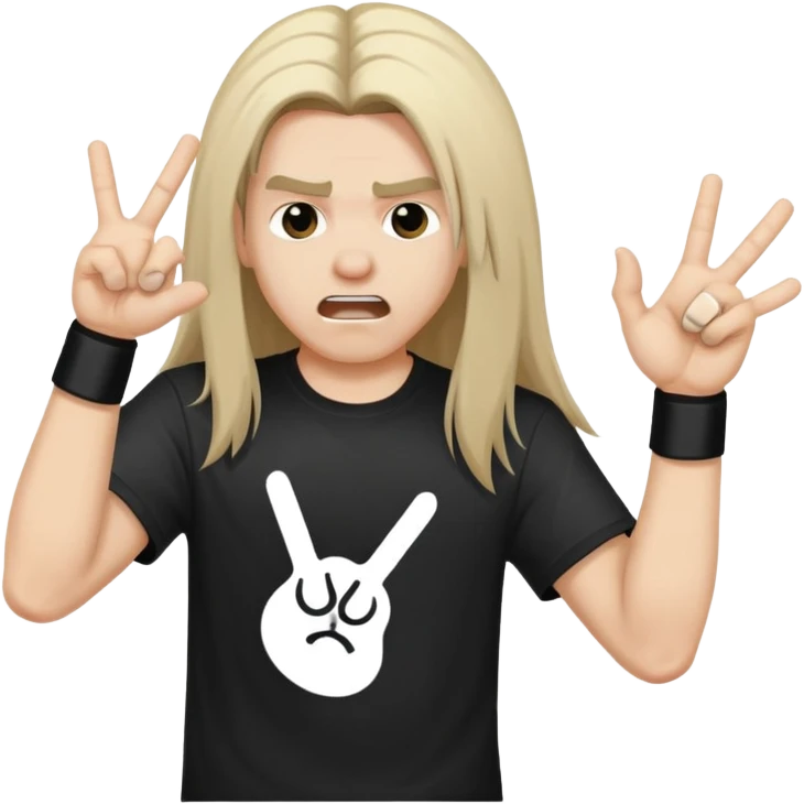 A person headbanging with long hair, wearing a black band t-shirt, making rock hand gesture emoji