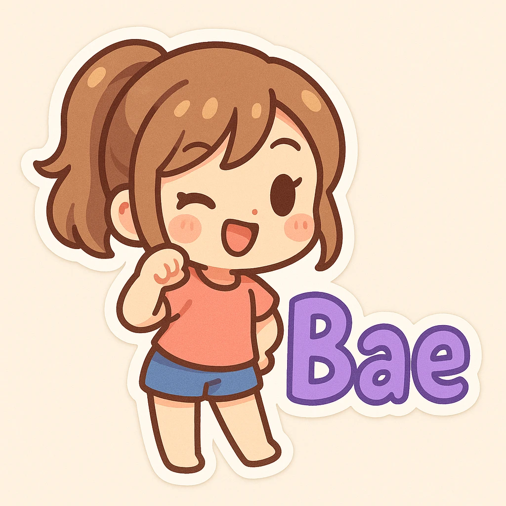 chibi sticker with the word 'Bae' in cute, playful purple text emoji