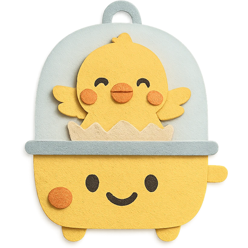 chibi egg cooker with a chick popping out, bright smile, soft yellow palette, full-body emoji