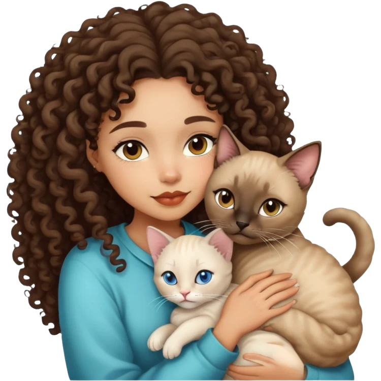 lightskin curly hair girl snuggling with siamese cat emoji