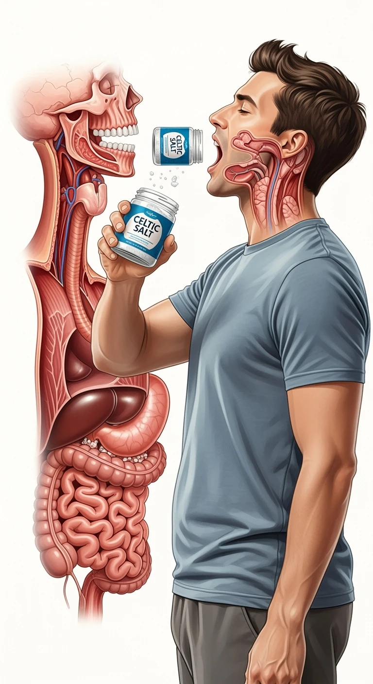 A MEDICAL ILLUSTRATION OF A REALISTIC human body holding a jar with "CELTIC SALT" written on the label, he throws it in his mouth DURING BREAKFAST emoji