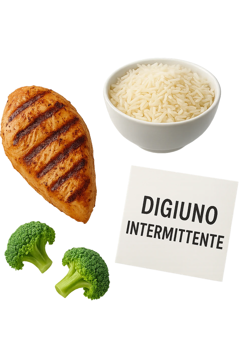 petto di pollo grigliato, bowl di riso basmati e broccoletti fluttuano in aria insieme ad un foglio con la scritta "DIGIUNO INTERMITTENTE", iperrealistico 4k emoji
