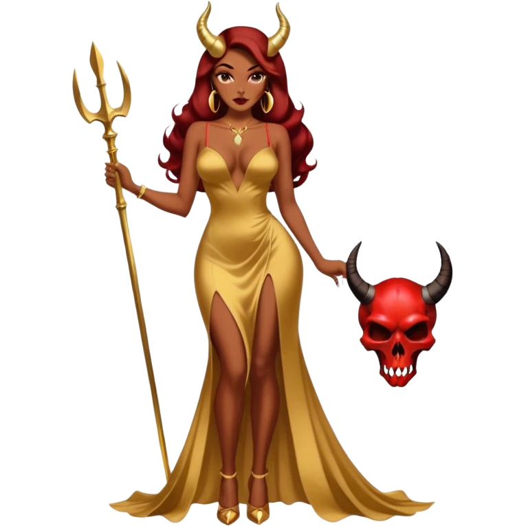 Sexy, playboy woman brown courtly hair seductress devil horns gold long dresss with slit, Jessica rabbit style holding a skull  sitting on top of gold wearing tall platform heels emoji