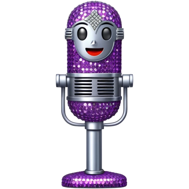 Create a glamorous and vibrant emoji representing stage vocal performance. The design should feature a classic vintage microphone at the center, surrounded by humanless an eye-catching stage costume covered in rhinestones, sparkling brightly. The costume should be stylized, with glittering elements like sequins and sparkles, and reflect the glitzy, extravagant nature of show business. The microphone should have a sleek, retro look with chrome or metallic accents. Use rich, dazzling colors like gold, silver, deep purple, and bright red to evoke the glamorous, larger-than-life feel of a stage performance. The background should be transparent. emoji