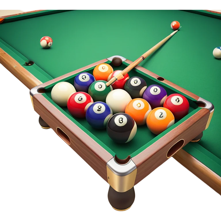 A close-up of a pool cue aimed at a set of colorful billiard balls resting on a green felt table. The focus is on the cue stick and the arrangement of balls, with subtle details of the game’s texture and atmosphere, emphasizing the precision and skill of billiards. emoji