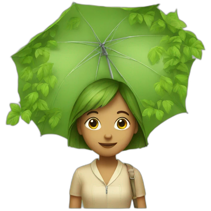 A girl, an umbrella made of leaves emoji