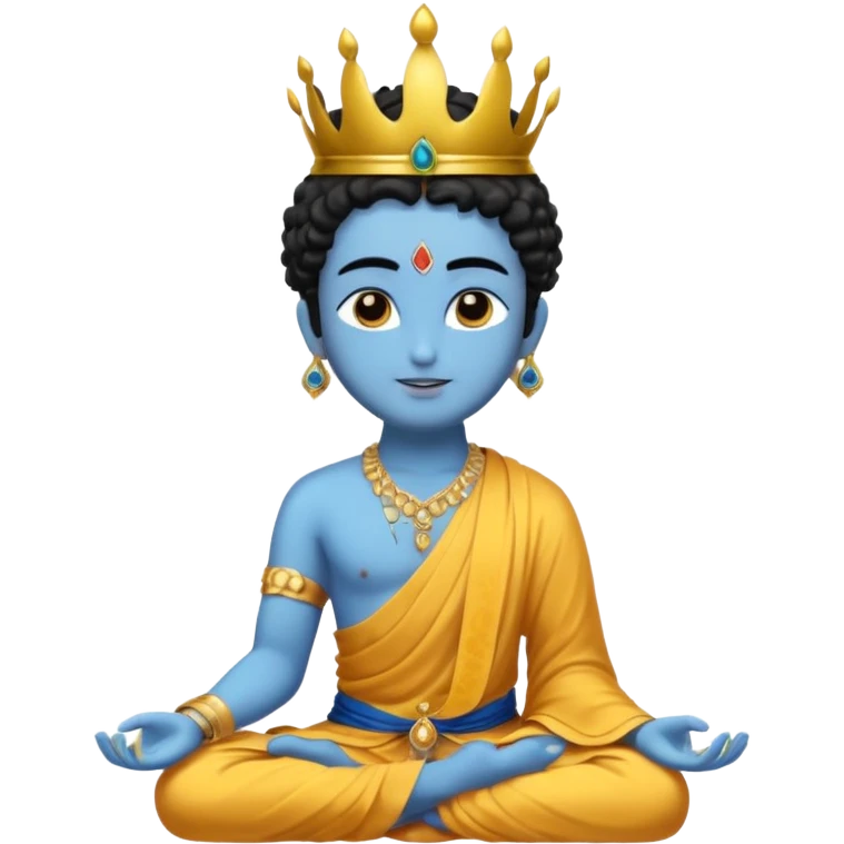 Create a Jesus, Krishna, and Buddha standing together. Krishna: bright blue skin, black curly hair tied in a small topknot, a tiny golden crown decorated with a peacock feather, wearing a yellow dhoti and light golden jewelry

 emoji