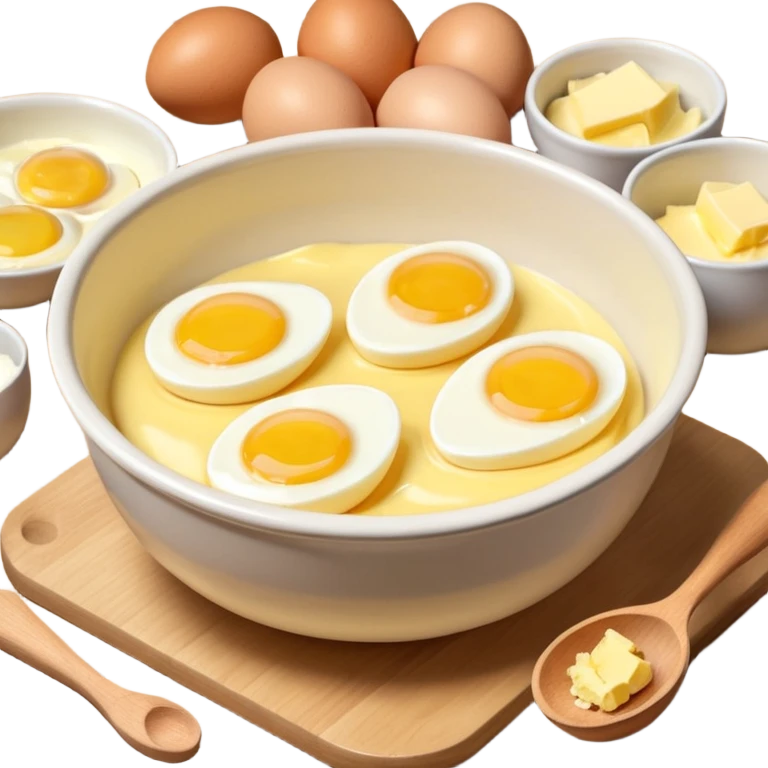 baking preperation with mixing bowl with uncracked eggs and butter emoji