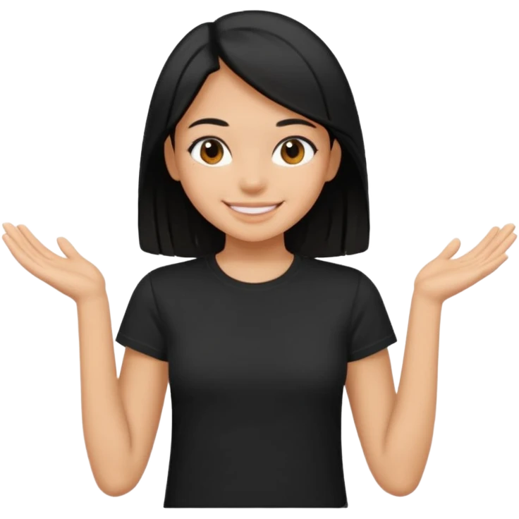 a pretty bratz girl with straight black hair,  wearing a black tshirt emoji