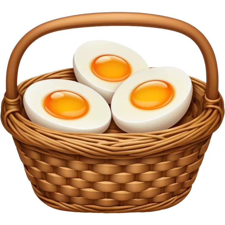 Tea eggs marbled brown appearance in basket, simplified emoji style with bold outlines and bright colors, cartoon style Chinese breakfast Cha Ye Dan emoji